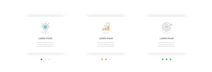 The horizontal process of completing a task consists of 3 stages. Infographics for the presentation reflecting the stages, options