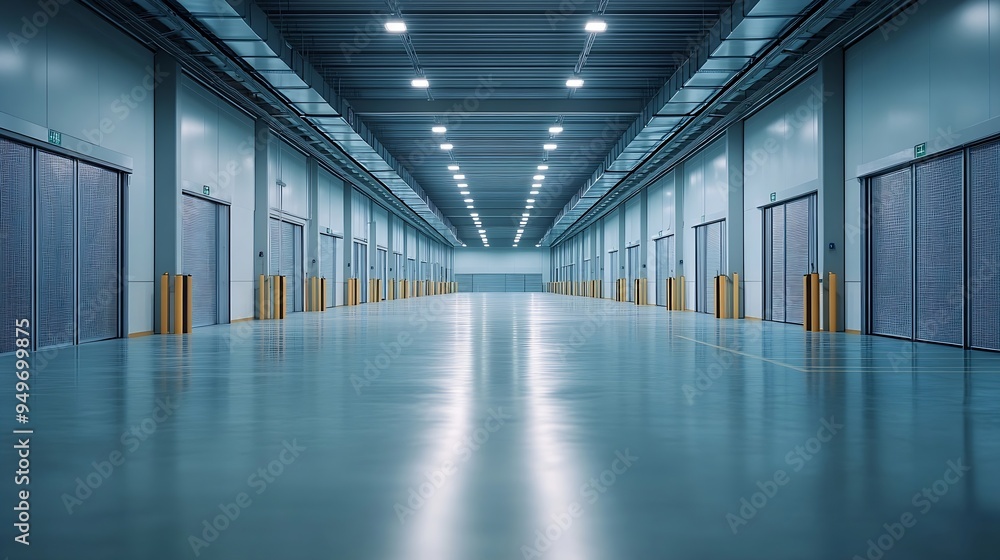 Poster panorama of empty room of modern storehouse with gates and selfleveling floor : generative ai
