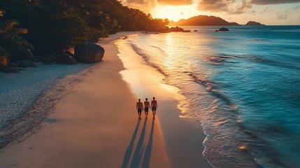Anse Cocos beach La Digue Island Seyshelles Drone aerial view of La Digue Seychelles bird eye view couple men and woman walking at the beach during sunset at a luxury vacation : Generative AI