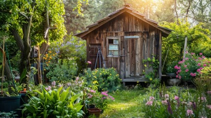 A farmhouse in the countryside surrounded by trees. Bright blooming flowers 