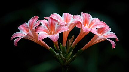 Fototapeta premium Cluster of pink and white trumpet flowers against a dark background.