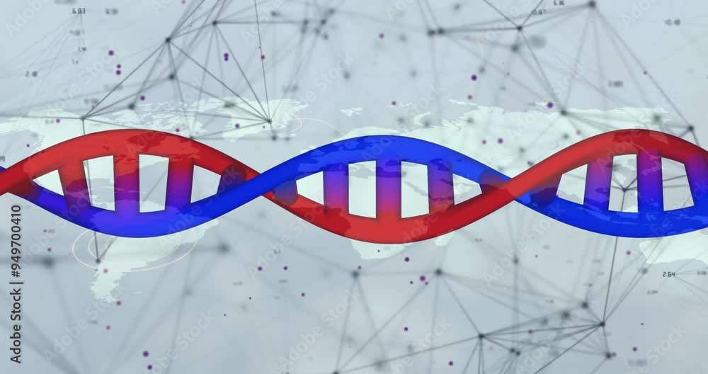 Poster dna strand animation over world map with network connections