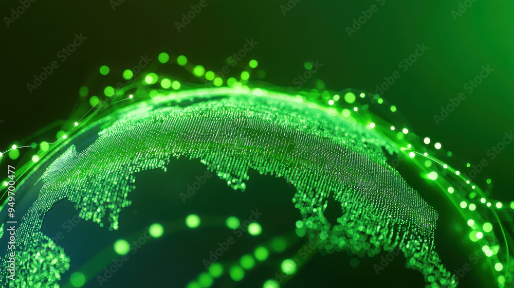 Poster abstract digital representation of a glowing green globe with interconnected dots and lines illustra
