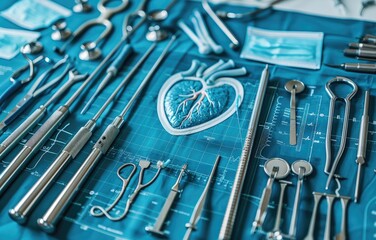 Fototapeta premium Assorted surgical tools and instruments arranged on a blue sterile cloth with a heart diagram, symbolizing medical and healthcare practices.