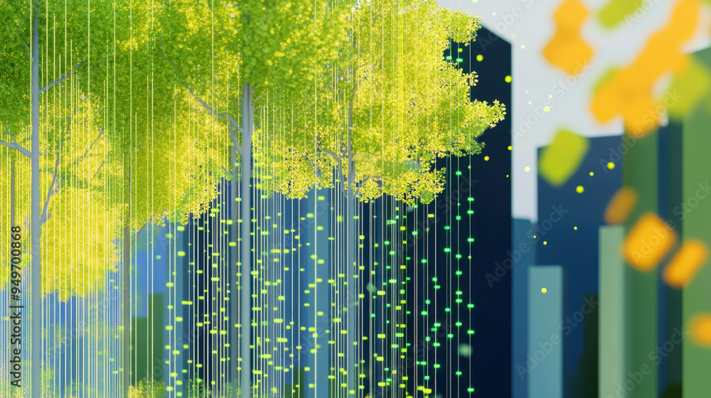 Poster abstract representation of vibrant trees with floating particles against a city skyline, highlightin