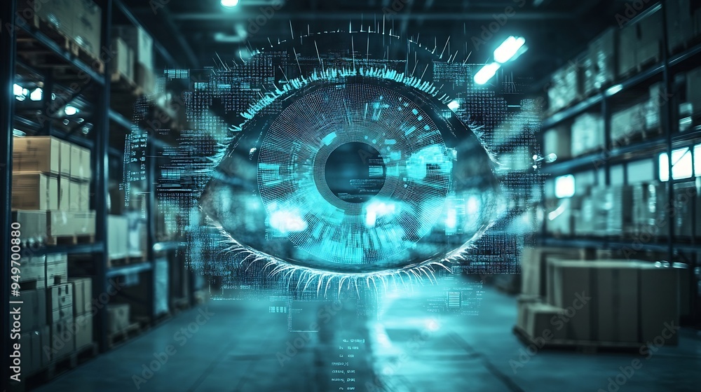 Aufkleber image of eye graphs loading circles and globes over empty warehouse digital composite multiple expos