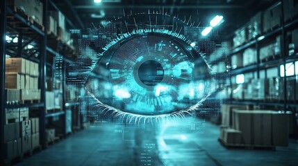 Image of eye graphs loading circles and globes over empty warehouse Digital composite multiple exposure report business progress globalization and distribution concept : Generative AI