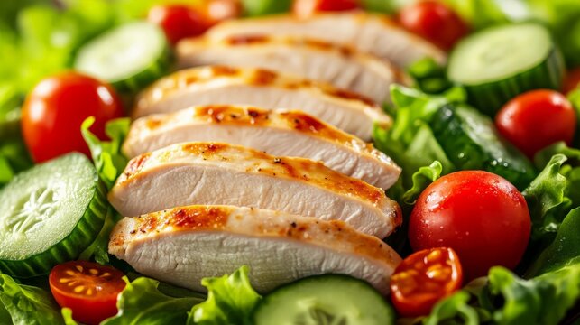 Fresh and healthy grilled chicken salad with cherry tomatoes, cucumbers, and crisp lettuce, perfect for a nutritious meal option.