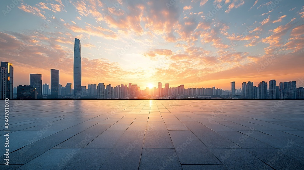 Poster empty square floors and city skyline with modern buildings at sunset in guangzhou panoramic view : g