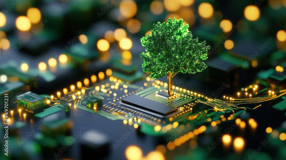 Poster green tree growing on a computer circuit board representing the fusion of technology and nature in a