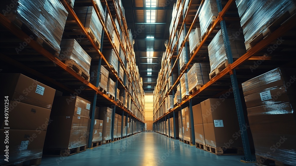 Poster boxes ladder and shelves with inventory at warehouse for distribution supply chain or logistics empt
