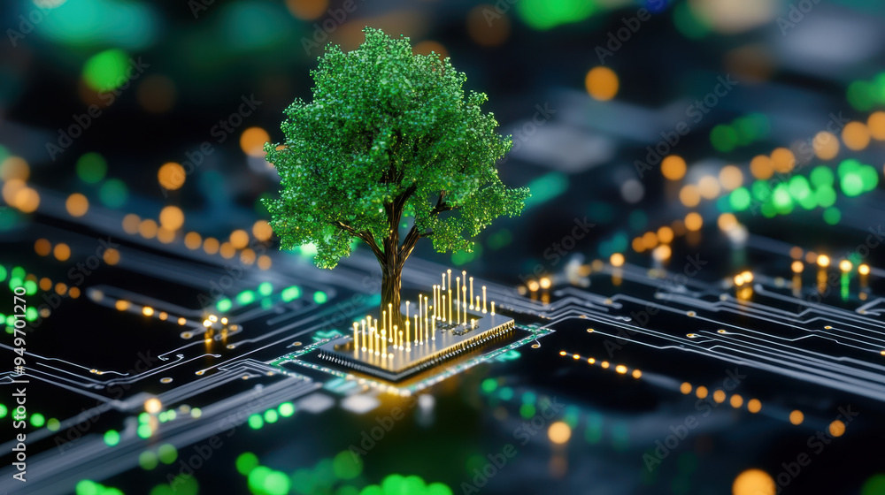 Poster tree growing from a microchip, symbolizing the fusion of nature and technology in a digital landscap