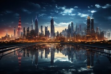 Fototapeta premium The bright lights of a cityscape viewed from a high vantage point