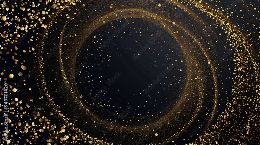 Leinwandbilder golden particles spiraling to form a circle on a black background, creating a festive copyspace