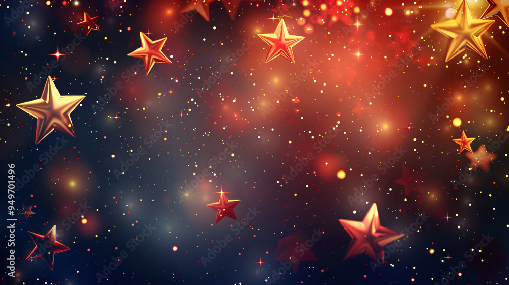 Aufkleber cheerful scene with golden stars cascading over twinkling lights and a lively color palette of red a