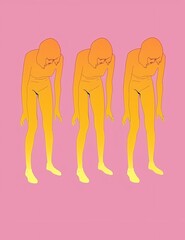 Three abstract outlines of a woman in gradient yellow against a pink background.