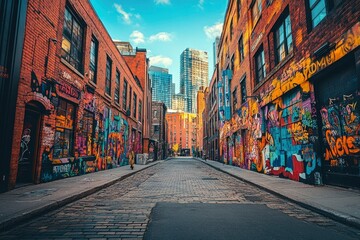 Fototapeta premium Graffiti-Covered Brick Buildings and Cobblestone Street in Urban Cityscape