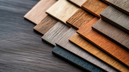Assorted wooden veneer samples in different colors and grain patterns arranged in an overlapping layout.