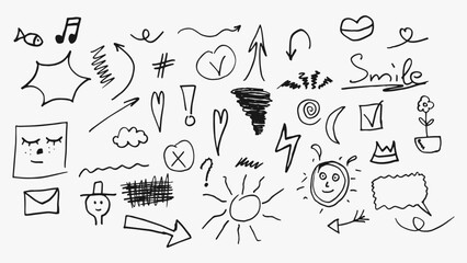 Doodle vector set with hand drawn hatching black elements. Hand drawn doodle set in outline style with arrows.