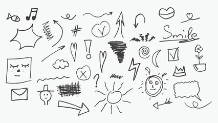 Doodle vector set with hand drawn hatching black elements. Hand drawn doodle set in outline style with arrows.