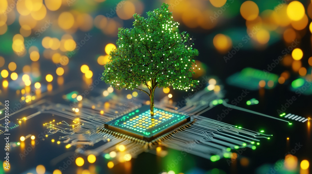 Poster tree growing from a microchip, symbolizing the fusion of technology and nature, illuminated with glo