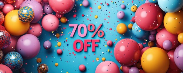 Vibrant Labor Day Sale Celebration Banner with Balloons, Confetti, and 70% OFF Discount Text in Bold Colors