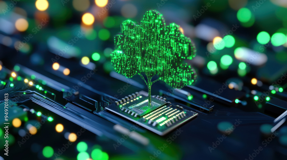 Poster green digital tree emerging from a microchip, symbolizing the fusion of technology and nature in a f