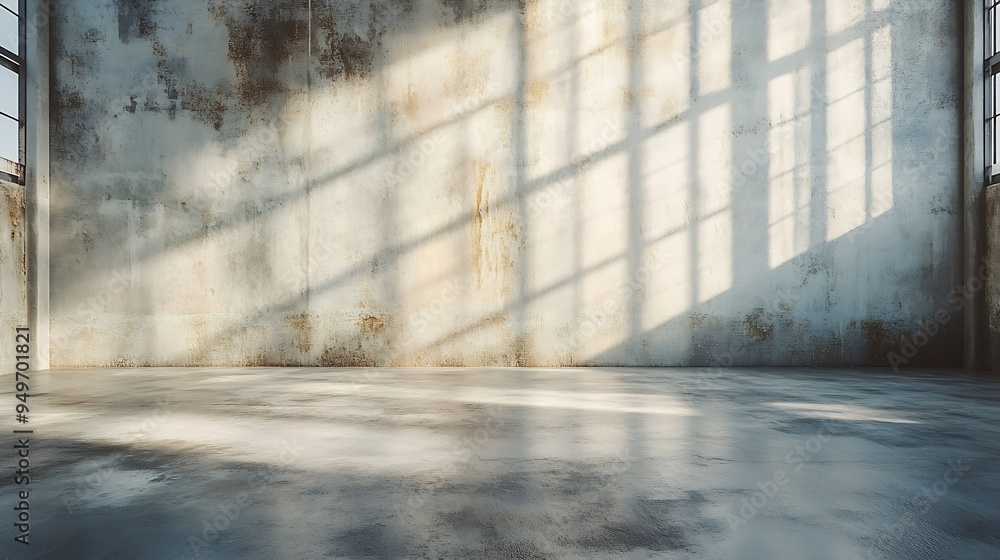 Poster empty warehouse room with grungy stucco concrete wall floor room as background corner of old grunge 