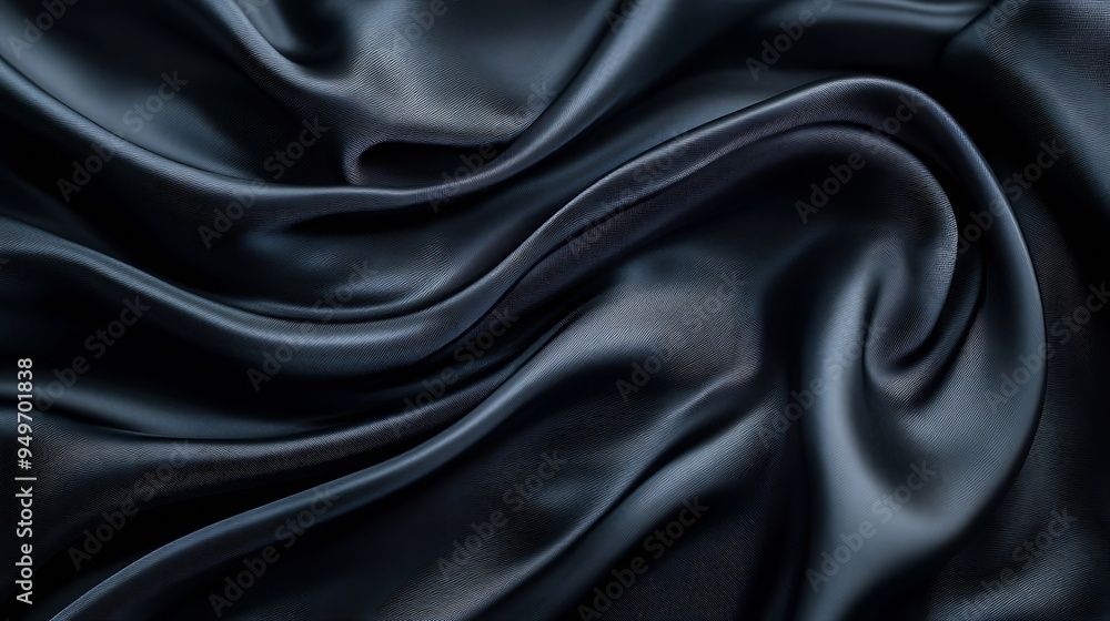 Poster Processed collage of smooth elegant wavy deep black silk cloth fabric material texture Background for banner backdrop or texture for 3D mapping : Generative AI