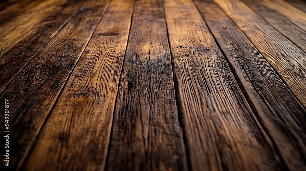 Aufkleber Close up of rustic wooden plank floor aged by the passage of time placed in vertical format with a very marked texture : Generative AI