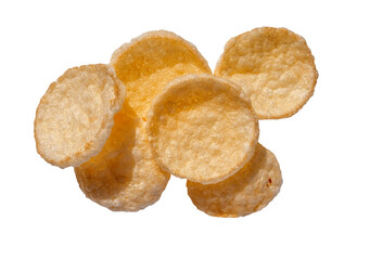 Round Potato Chips. Well Baked Chips Isolated On a White Background. Salty Crispy Potato Snack. Round Shaped Crisps. Party Food.Thin, Crunchy Cereal Wafers, Perfect Party Snack. Well Done Salty Snack.