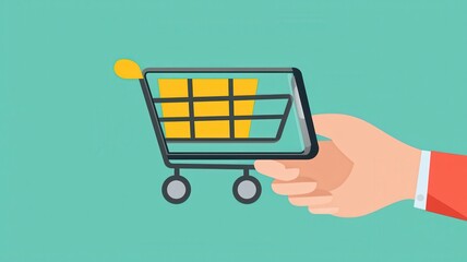 Fototapeta premium A colorful illustration of a hand holding a shopping cart, symbolizing online shopping and e-commerce.