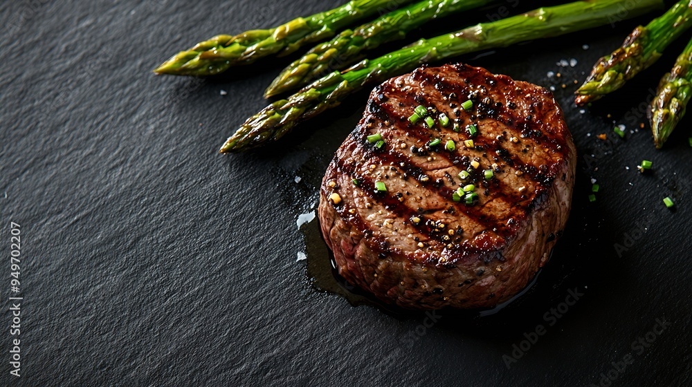Poster Grilled Fillet Mignon Steak with roasted asparagus Black background Top view : Generative AI