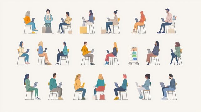 A diverse group of people working on laptops, seated on chairs, showcasing modern remote work and collaboration.