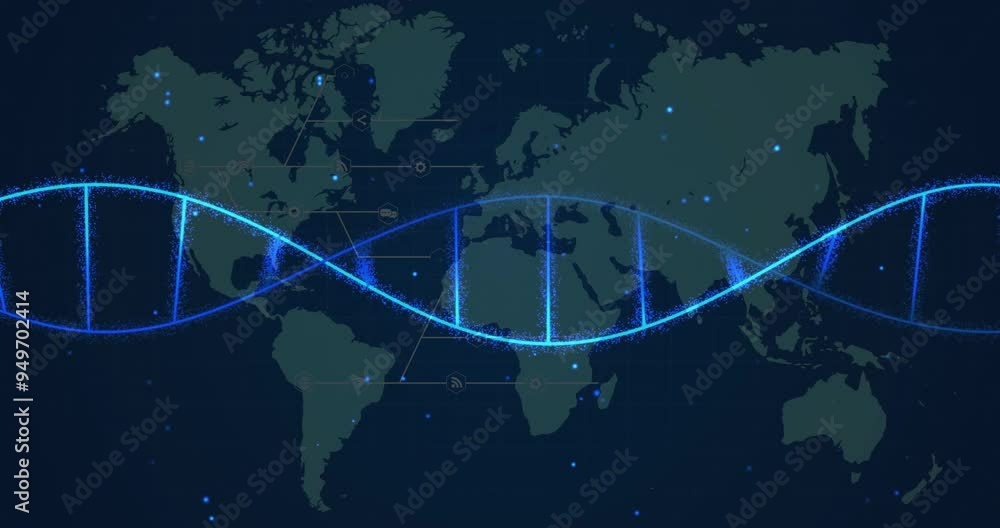 Poster dna strand animation over world map with data points