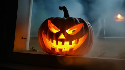A carved pumpkin glows with a sinister grin in a dimly lit window, creating an eerie ambiance just in time for Halloween festivities.
