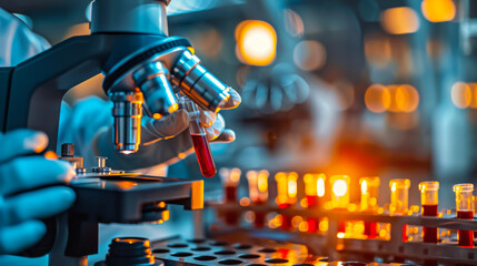 Microscope with test tubes with blood samples