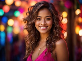 Fototapeta premium beautiful women smiling at camera in vibrant bokeh background