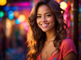 beautiful women smiling at camera in vibrant bokeh background