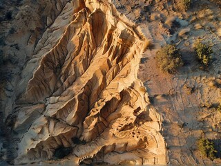 Aerial view of a desert landscape with eroded sandstone formations.
