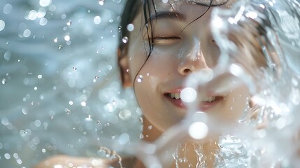 Fototapeta premium An Asian model splashing her face with water, droplets captured in mid-air, her expression joyful and invigorated, soft natural light, minimalist background,