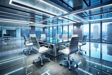Naklejka premium futuristic high-tech discussion area with transparent glass tables and futuristic ergonomic chairs on a sleek metallic floor
