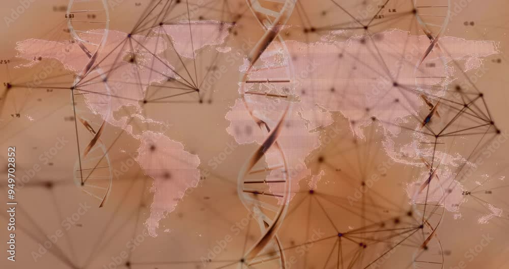Poster dna strands and network connections animation over world map background