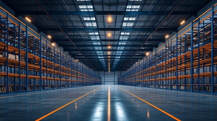 Spacious Warehouse Interior Featuring Empty Blue and Orange Shelving Units Under Bright LightingA large empty warehouse showcases rows of shelving units The high ceilings and bright ov : Generative AI
