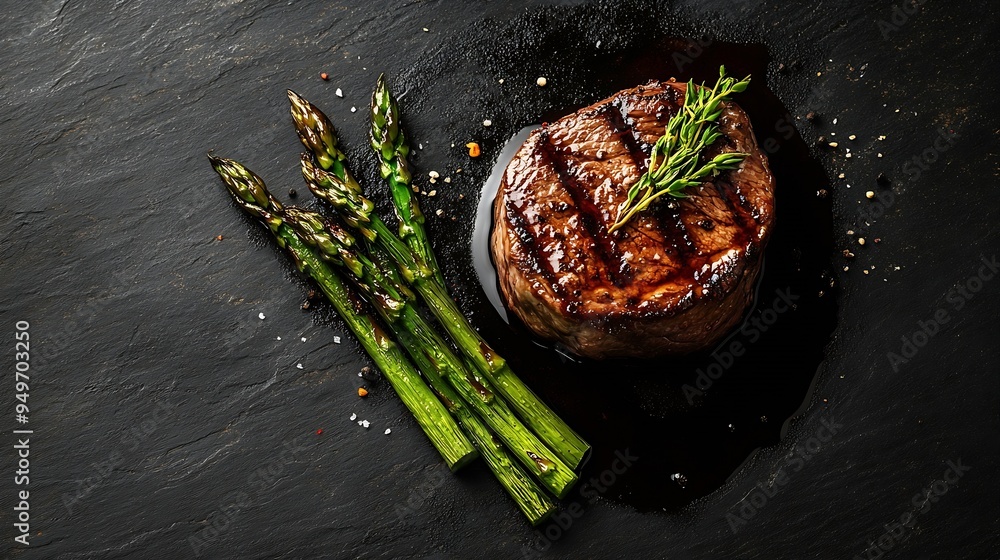 Poster grilled fillet mignon steak with roasted asparagus black background top view copy space : generative