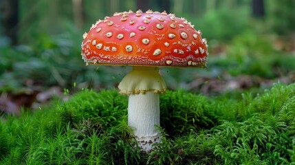 Red and White Mushroom in Green Moss