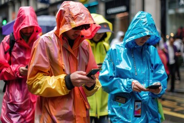 Fototapeta premium Group of teenagers Wear a raincoat on the road. Obsessed with using a smartphone amidst traffic On the city road