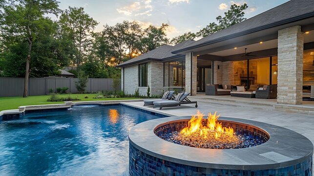 New home beautiful backyard with custom pool with fire pit : Generative AI