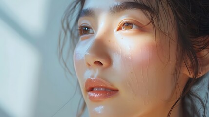 An Asian model using anti-aging serum, her skin glowing and youthful, soft lighting, minimalist setting, emphasizing radiance and smooth complexion, hd quality, beauty shot. --ar 16:9 --v 6.