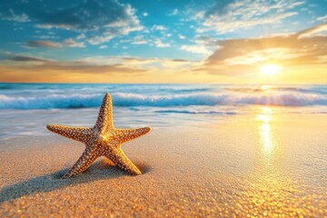 Fototapeta na wymiar Starfish on golden sand at sunset with blurred sea background
